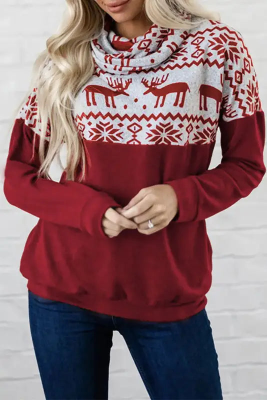 Christmas Elk Snowflake Color Block Cowl Neck Sweatshirt - Livre e Solta Fashion