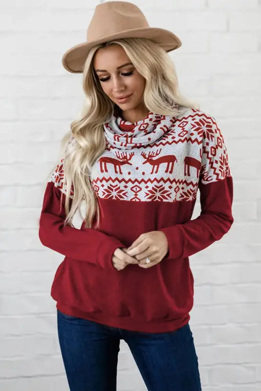 Christmas Elk Snowflake Color Block Cowl Neck Sweatshirt - Livre e Solta Fashion