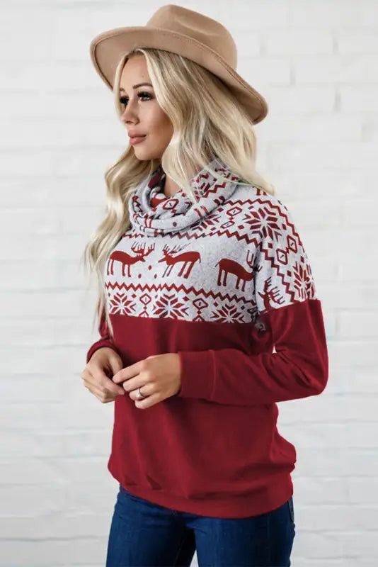 Christmas Elk Snowflake Color Block Cowl Neck Sweatshirt - Livre e Solta Fashion