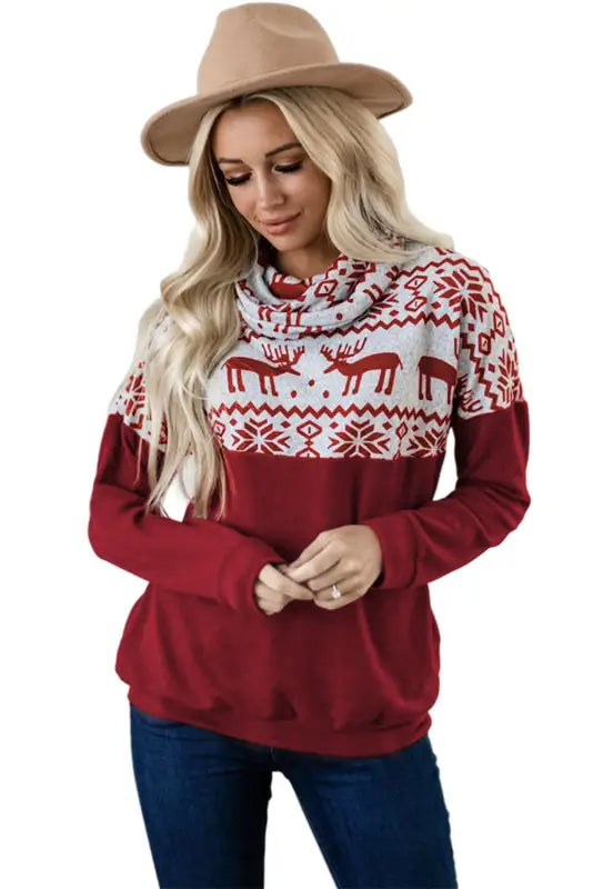 Christmas Elk Snowflake Color Block Cowl Neck Sweatshirt - Livre e Solta Fashion