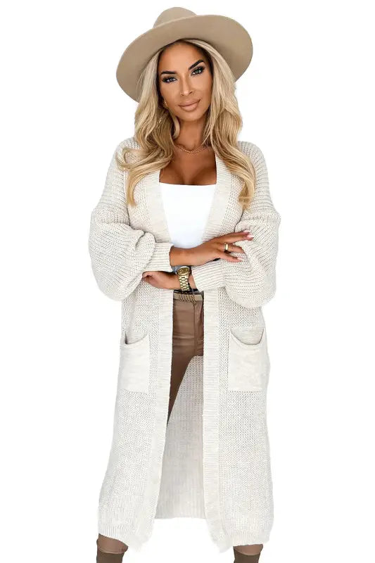 551-1 Cardigan - jumper long throw with pockets - beige - Livre e Solta Fashion