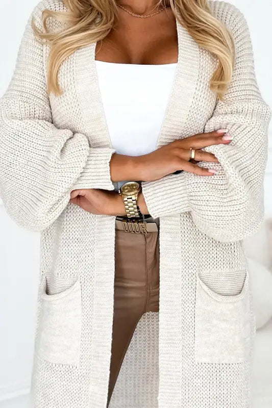 551-1 Cardigan - jumper long throw with pockets - beige - Livre e Solta Fashion