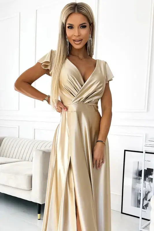 411-7 CRYSTAL satin long dress with a neckline - gold - Livre e Solta Fashion