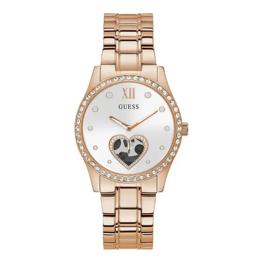 Elegant floral-patterned gold-tone women's watch from Livre e Solta Fashion with crystal-encrusted heart-shaped dial.