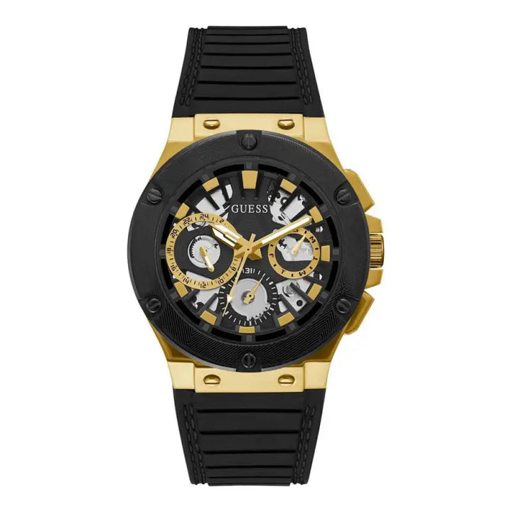 Elegant Guess Circuit GW0487G5 men's watch with a stylish gold-tone case and black rubber strap.