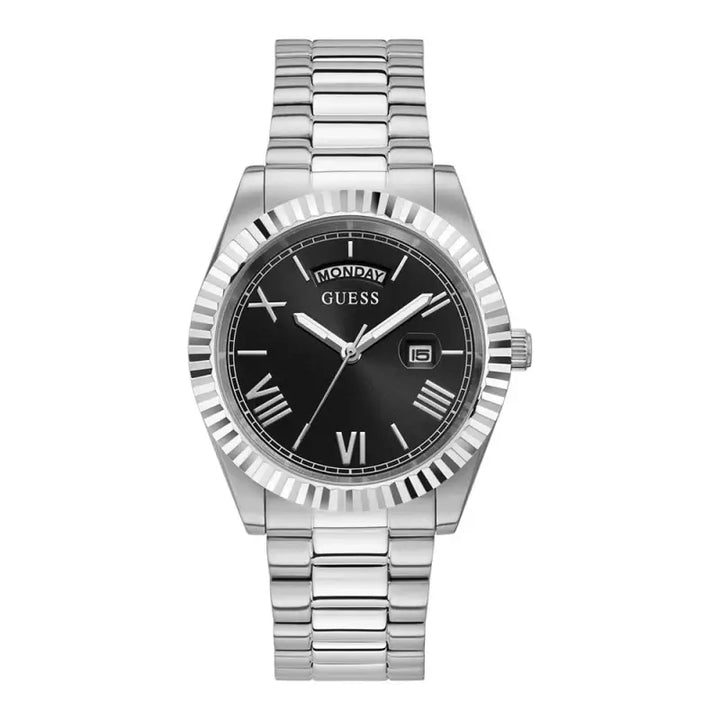 Stainless steel Guess Connoisseur GW0265G1 men's watch with a sleek black dial featuring Roman numeral hour markers and a date display.