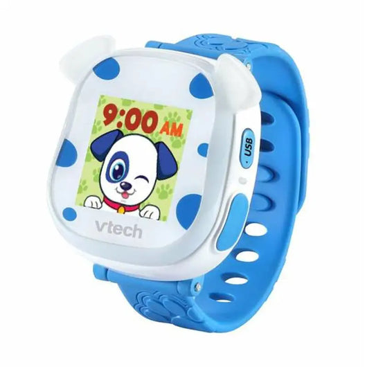 Blue and white Infant's Vtech Kidiwatch with a cartoon puppy and digital clock display on a white background