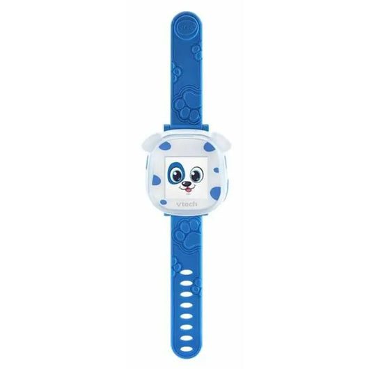 Blue and white infant's Vtech Kidiwatch with an animated character design and buttons on the strap.