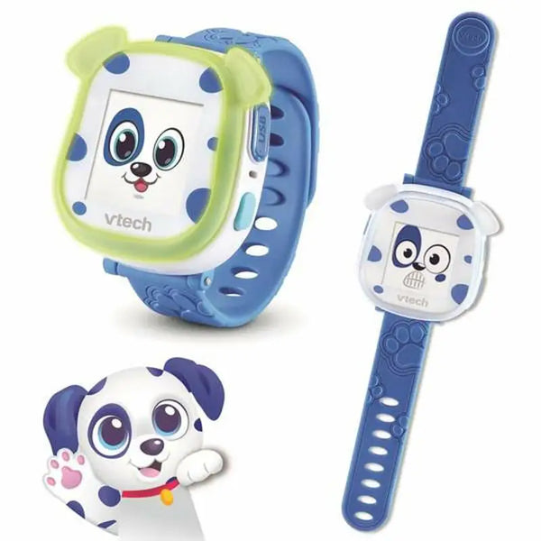 Colorful infant's watch with playful puppy design. The Vtech Kidiwatch features a white and blue watch face with large eyes and paws, a compact wrist strap, and a coordinating handheld device with similar character branding. This interactive learning toy encourages early development through engaging visuals and touch-responsive controls.