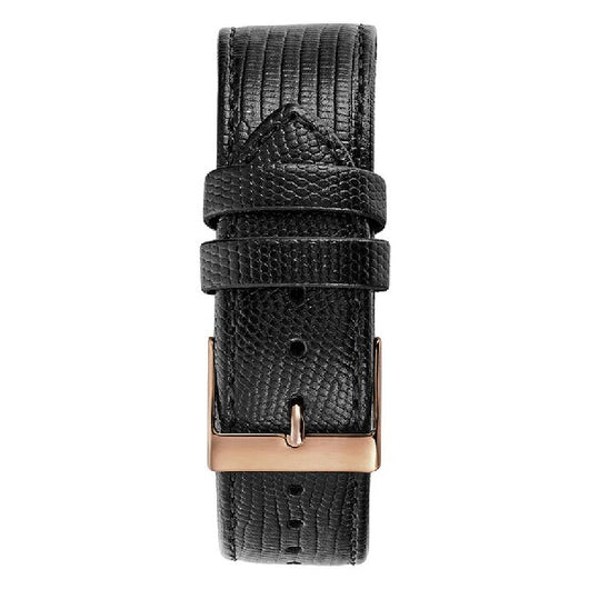 Sleek men's watch with 42mm black leather strap and stylish rose gold tone buckle from Livre e Solta Fashion.