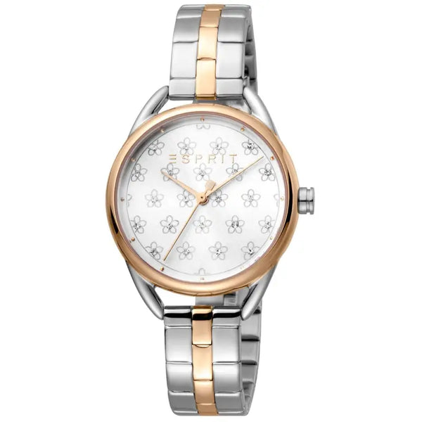 Elegant ladies' two-tone stainless steel watch with white floral pattern dial and gold accents, showcasing a stylish and feminine timepiece.