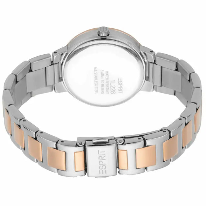 Elegant stainless steel and rose gold-tone ladies' watch with a sleek, modern design.