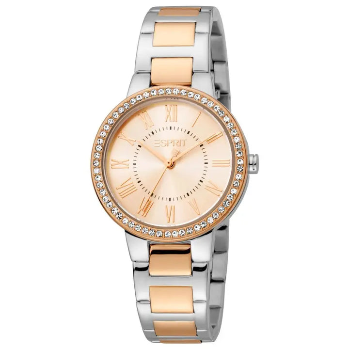 Ladies' two-toned Esprit watch with diamond-encrusted bezel and elegant rose gold accents.