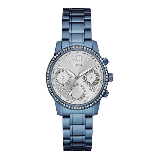 Elegant ladies' watch from Guess with a 36 mm stainless steel case, a silvered dial with Roman numeral hour markers, and a chronograph function accentuated by sparkling crystals.