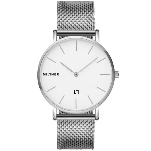 Elegant stainless steel ladies' watch with minimalist design. White dial, silver metal mesh strap, and sleek, modern silhouette for timeless style.