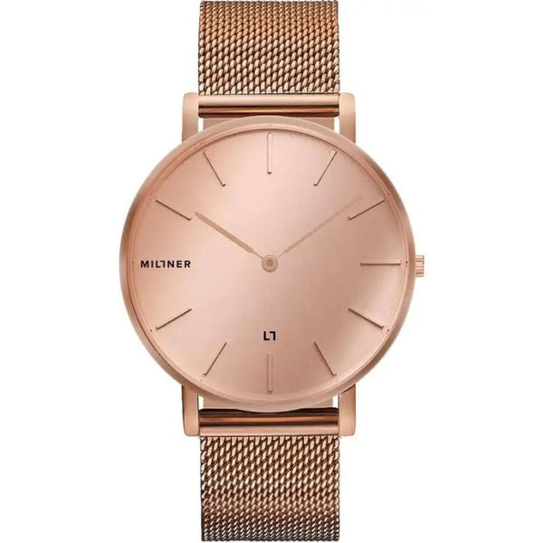 Elegant rose gold ladies' watch with minimalist dial design and mesh bracelet from the Livre e Solta Fashion brand.