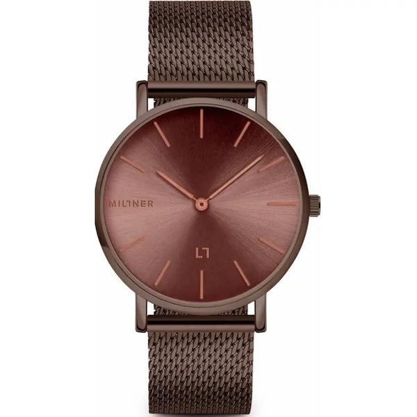 Elegant brown-toned ladies' watch with a sleek, minimalist design featuring a mesh bracelet and a rose gold-colored dial. Showcased against a plain white background, this fashionable Millner 0010124 MAYFAIR S timepiece highlights the brand's commitment to creating stylish, high-quality accessories for the modern, freedom-loving woman.