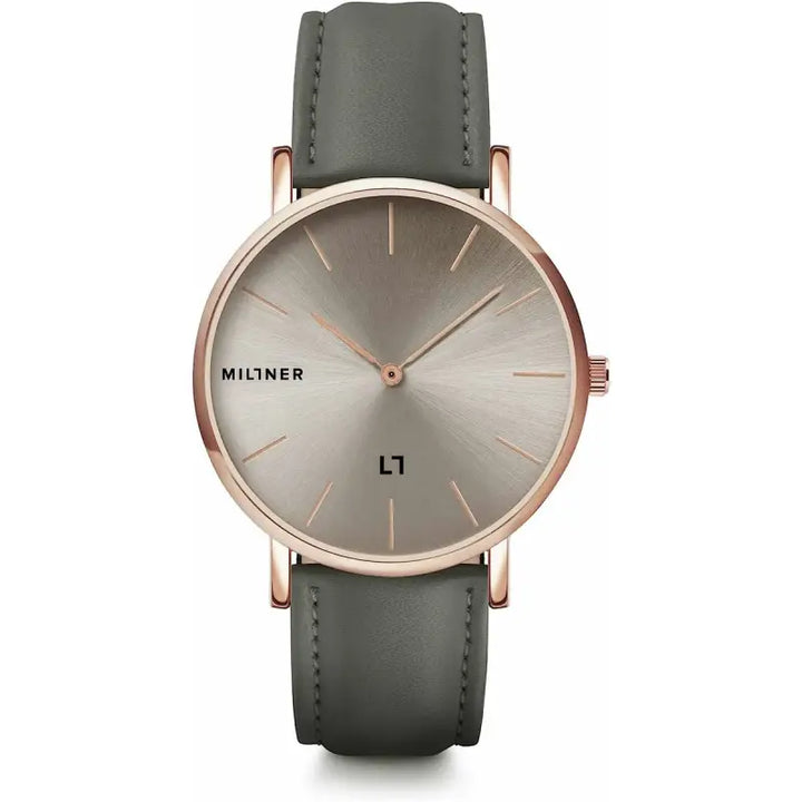 Elegant ladies' fashion watch with rose gold case and gray leather strap