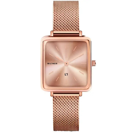 Rose gold women's fashion watch with a square dial and a mesh bracelet strap from the Livre e Solta Fashion brand.