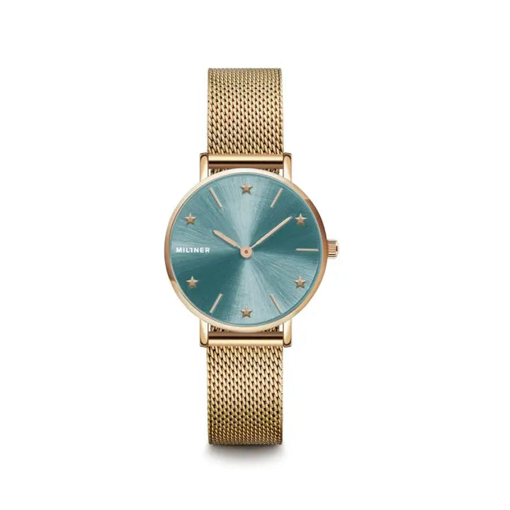 Ladies' gold-tone watch with a turquoise dial featuring star-shaped accents.