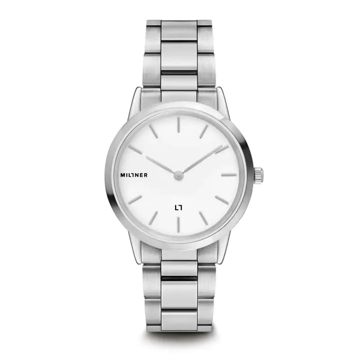 Elegant Ladies' Watch Millner 11001 CHELSEA - Sleek stainless steel timepiece with minimalist white dial, perfect for stylish outfits.