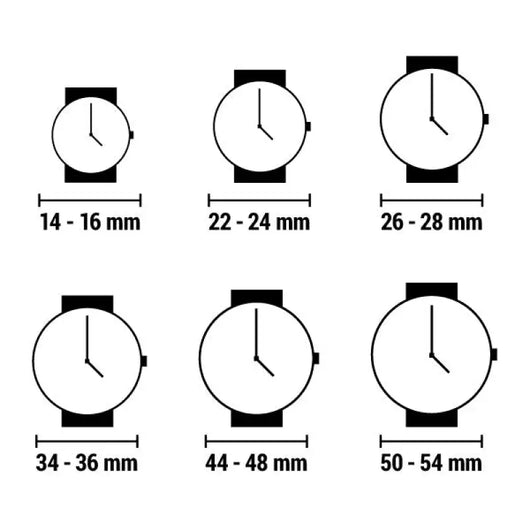 Minimalist ladies' watch sizing guide showcasing various watch case diameter measurements in millimeters, ranging from 14-16 mm to 50-54 mm. This visual reference helps buyers select the appropriate watch size for their wrist.