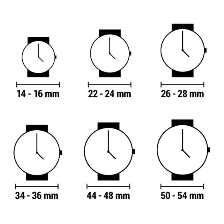 Minimalist ladies' watch sizing guide showcasing various watch case diameter measurements in millimeters, ranging from 14-16 mm to 50-54 mm. This visual reference helps buyers select the appropriate watch size for their wrist.