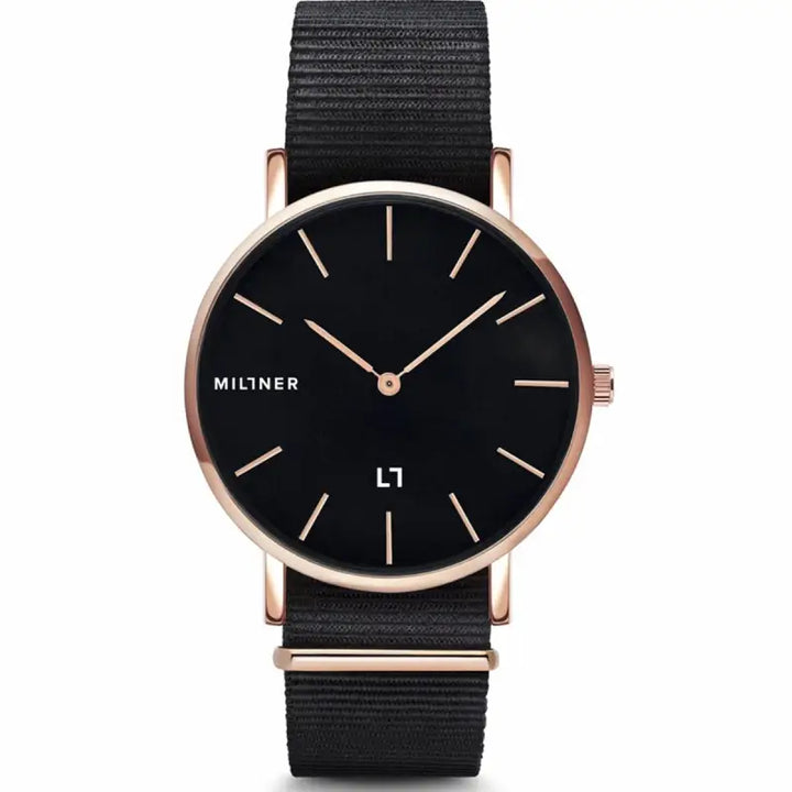 Stylish ladies' watch with rose gold-tone case and black fabric strap from Livre e Solta Fashion's Millner HALLFIELD S collection.