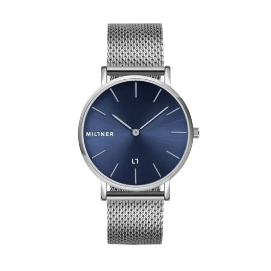 Elegant ladies' watch with a sleek stainless steel mesh bracelet and a vibrant navy blue dial, the Millner MAYFAIR OCEAN.