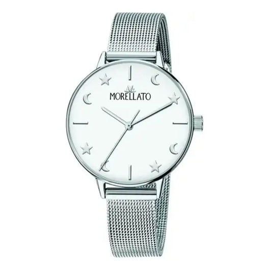 Elegant ladies' watch by Morellato with stainless steel mesh strap and minimalist moon and star design on the white dial.