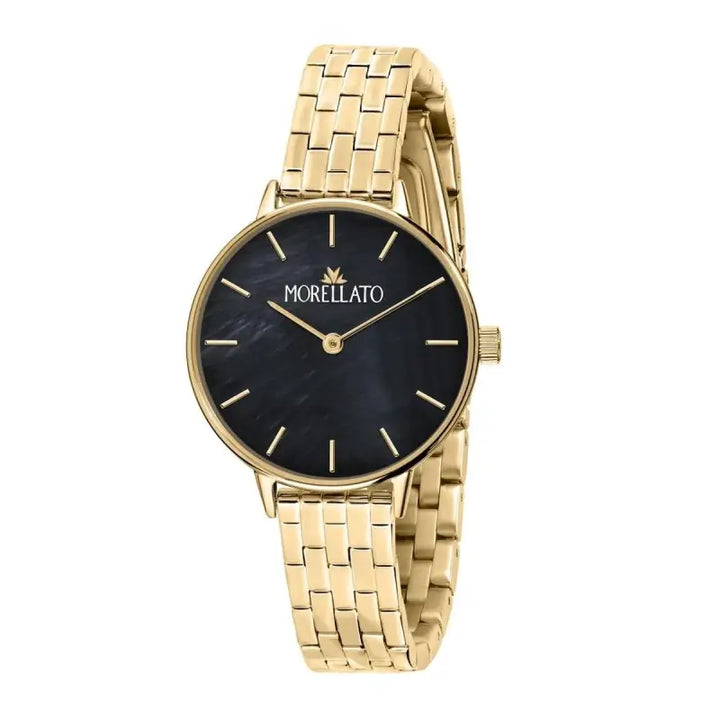 Elegant gold-tone women's watch with black dial and metal bracelet from Livre e Solta Fashion.