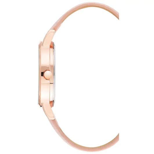 Elegant rose gold-toned women's watch with a sleek, minimalist design and leather strap.