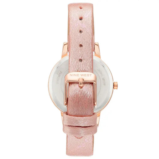 Elegant rose gold-tone ladies' fashion watch with a pink leather strap and a round stainless steel case, showcased by the Livre e Solta Fashion brand.