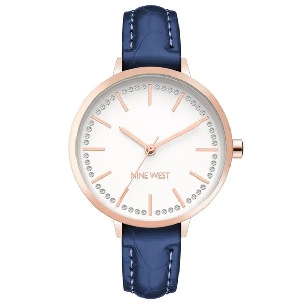 Elegant navy blue leather strap women's watch with rose gold tone case and white dial from the Nine West NW_2554RGNV collection.