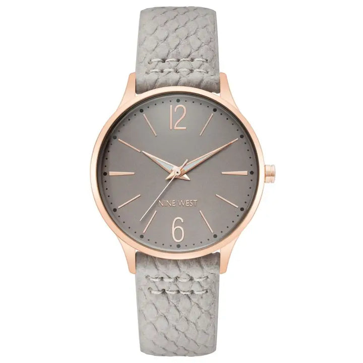 Ladies' classic rose gold watch with grey snakeskin pattern leather band