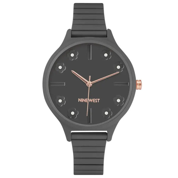 Elegant and stylish ladies' watch by Nine West, featuring a gray stainless steel band and a sleek black dial with rose gold-tone accents.