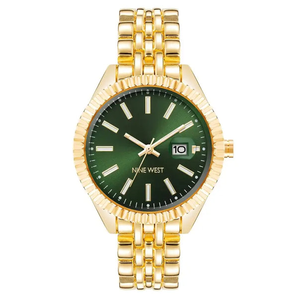 Elegant gold-tone ladies' watch with a striking green dial, featuring the Nine West logo. The timepiece has a classic, stylish design that complements a variety of outfits.