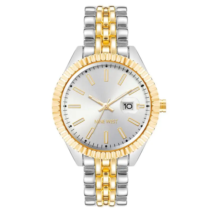 Elegant two-tone ladies' watch from Nine West with stainless steel and gold-tone metal band, white dial, and date display.