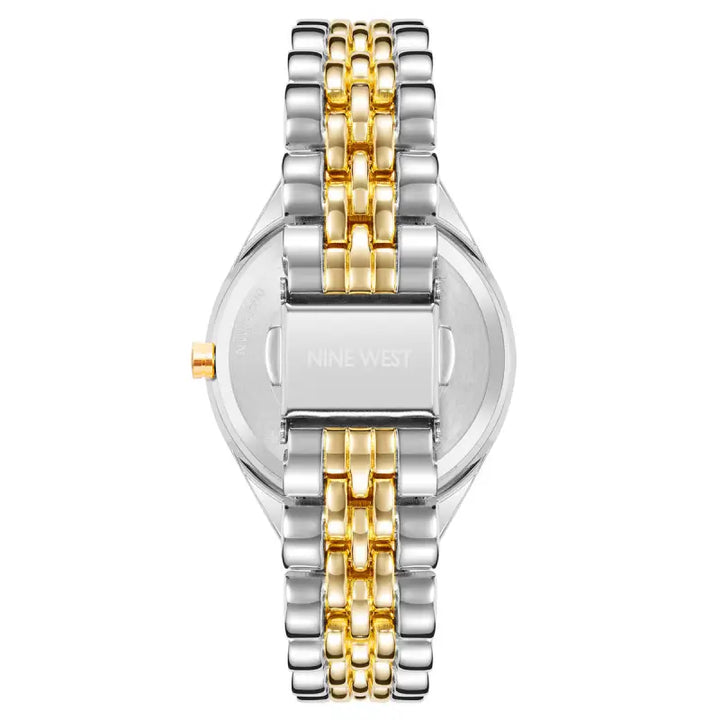 Elegant two-tone stainless steel ladies' watch by Nine West. Sleek, polished case and bracelet with a mix of silver and gold tones. Minimalist dial design for a stylish, sophisticated look.