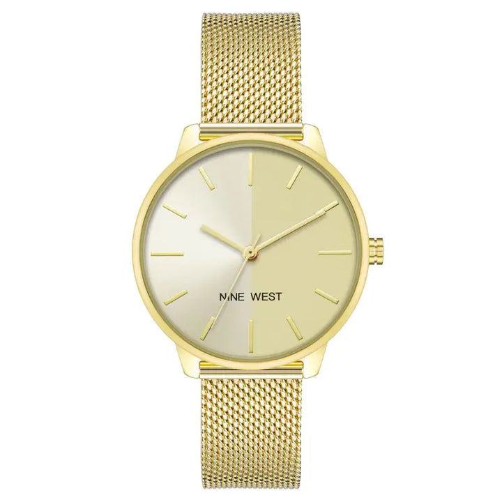 Elegant gold-toned ladies' watch by Nine West, featuring a minimalist design with a sleek dial and a polished mesh bracelet, perfect for adding a touch of sophistication to any outfit.