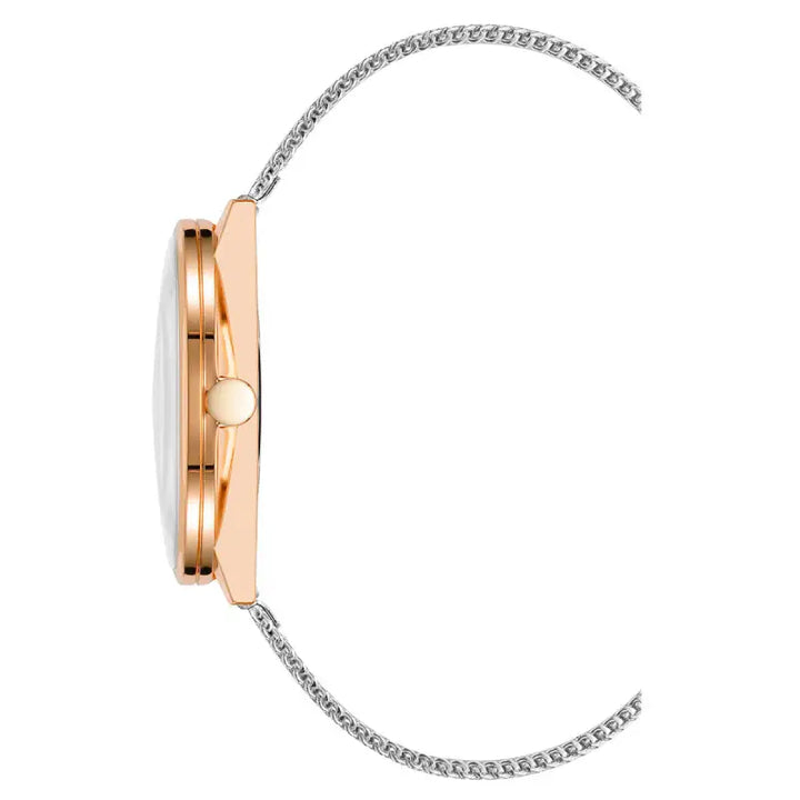 Elegant rose gold ladies' watch with a stainless steel chain bracelet and classic analog display, showcasing a stylish and sophisticated timepiece.