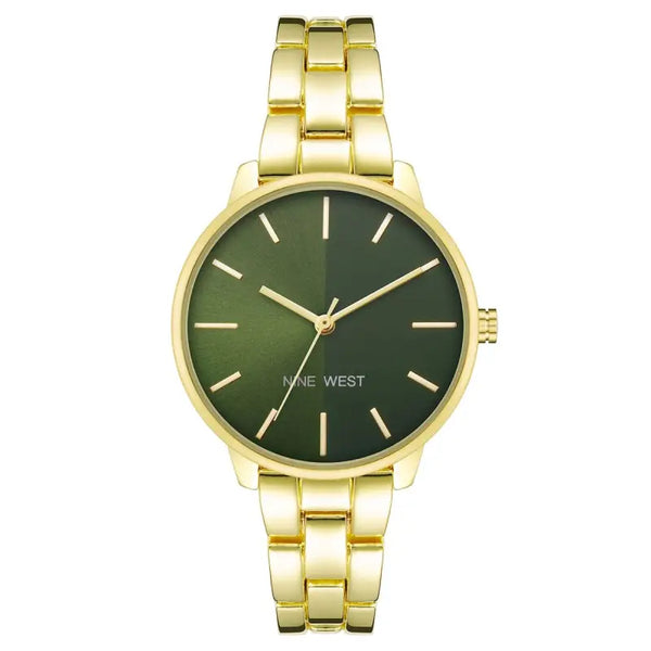 Elegant gold-toned ladies' watch with a green dial showcased in the image. The watch features a clean, minimalist design with a metal bracelet, making it a stylish fashion accessory. This Nine West NW_2683GNGB watch is a versatile timepiece suitable for both casual and formal occasions.