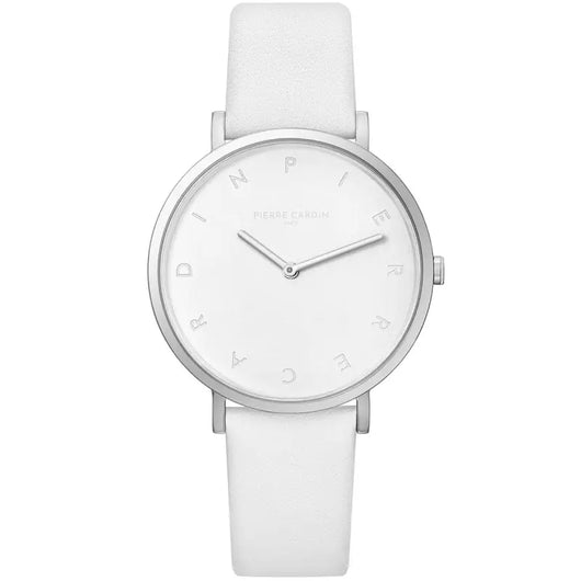 Contemporary white leather women's watch with simple, minimalist design showcasing the silver-toned watch face and case.