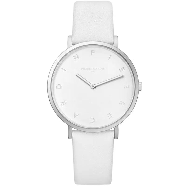 Contemporary white leather women's watch with simple, minimalist design showcasing the silver-toned watch face and case.