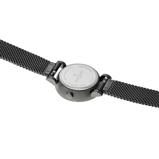 Elegant women's watch with black mesh strap and metal casing on a plain background