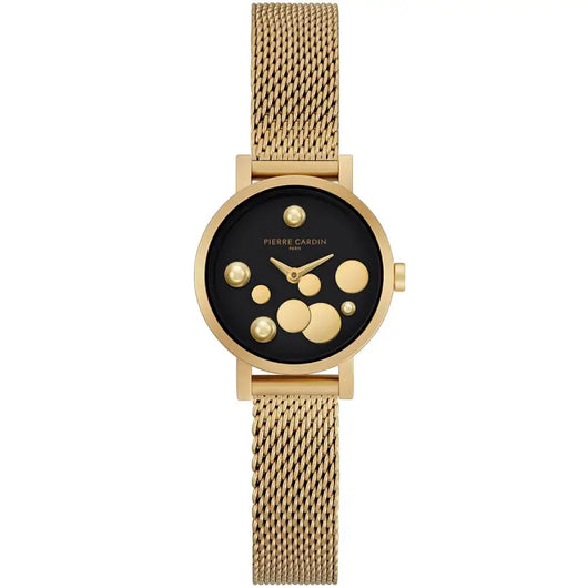 Elegant gold-tone ladies' watch with intricate dot pattern on the black dial, showcased on a luxurious mesh bracelet from the Pierre Cardin fashion brand.