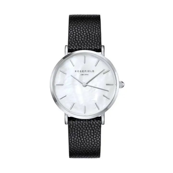 Elegant women's stainless steel watch by Rosefield with 35mm dial and black leather strap, showcasing a minimalist white mother-of-pearl face design.