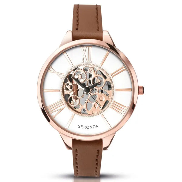 Rose gold-tone ladies' watch with a brown leather strap and a visible skeleton dial showcasing the intricate inner workings.