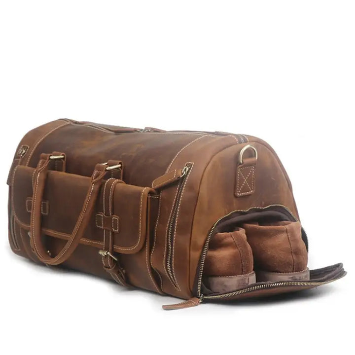 Large Size Handmade Leather Travel Bag with Shoes Compartment, Duffel Bag  LJ1188L - Livre e Solta Fashion