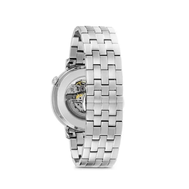 A stainless steel men's watch by Bulova 96A199, featuring a polished bracelet with a sleek, minimalist design.